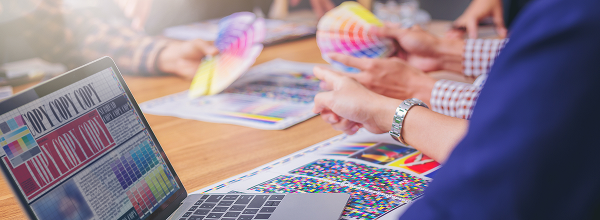 Team designer working graphic with color chart and meeting brainstorm for new project.