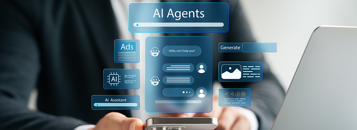 A man looking at a phone and laptop with AI agent icons flashing above it.