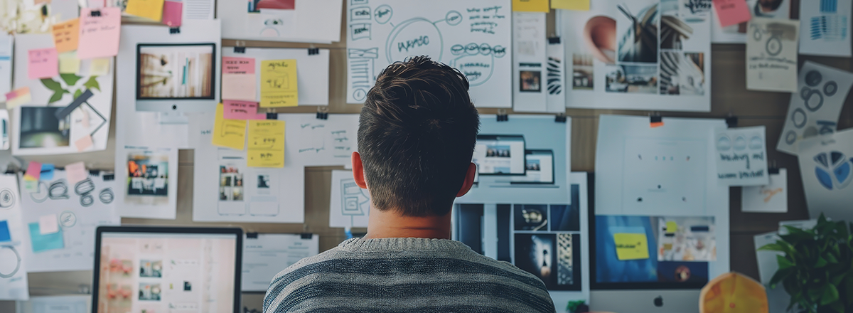 A brand manager looks at a wall of photos and mockups.