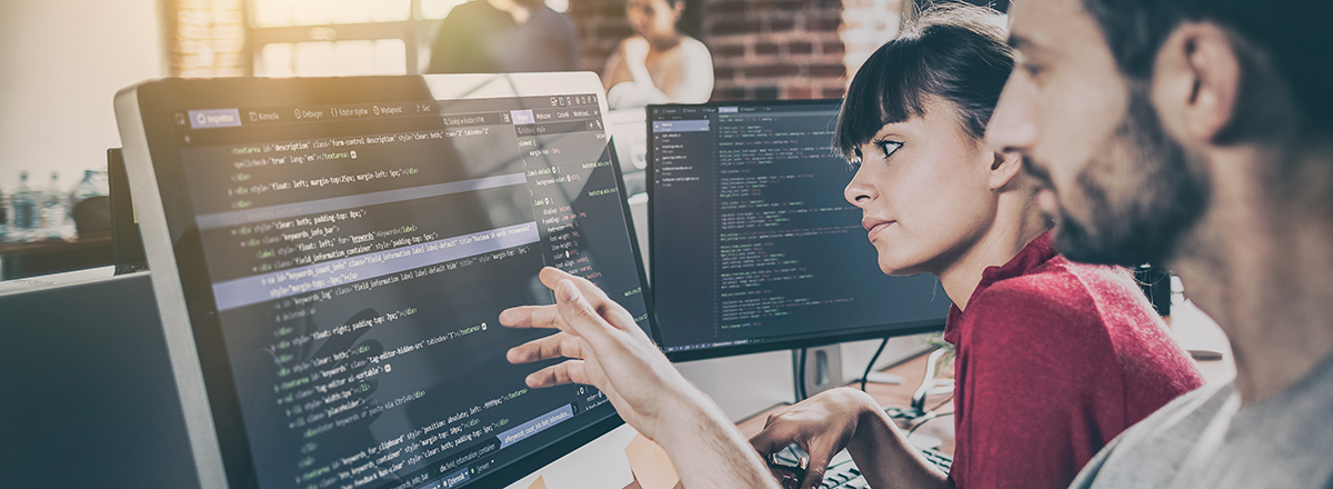 Two colleagues study the code of a website that is in development.