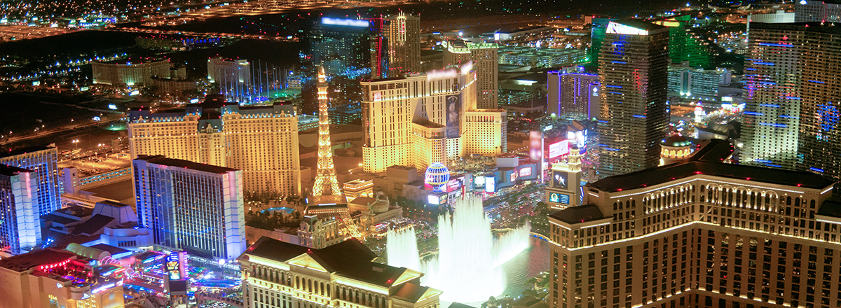 An aerial image of the Last Vegas strip at night.