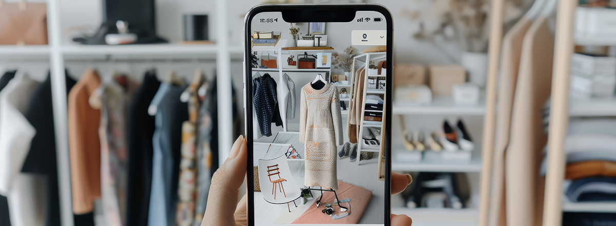 Woman looking at dress using augmented reality on phone.