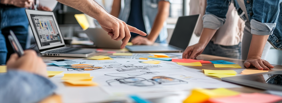 Employees discussing markups on a conference table.