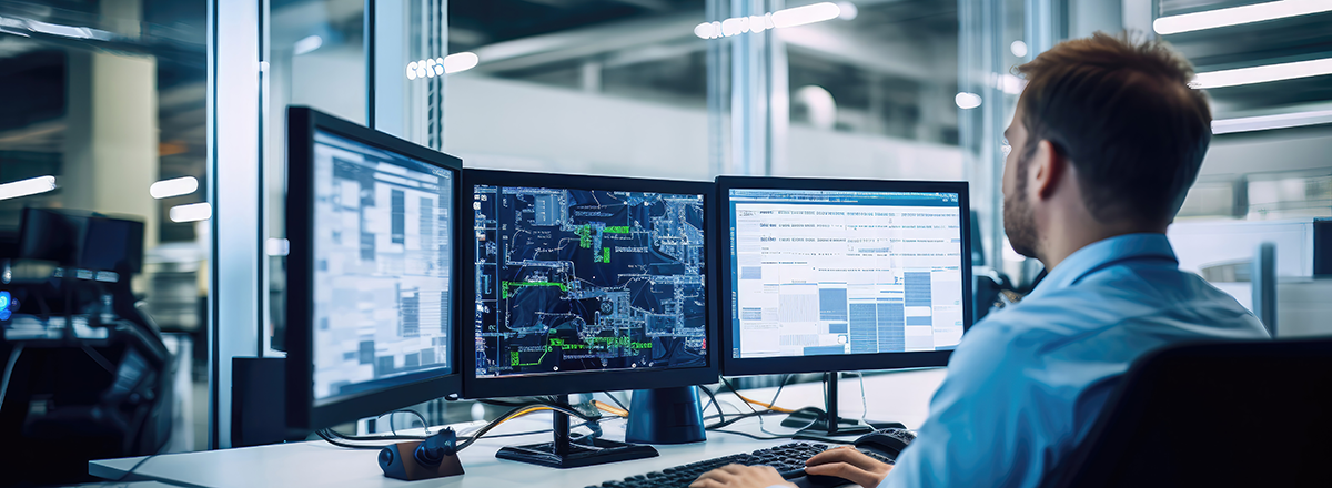 Man works on data software on three computer monitors.