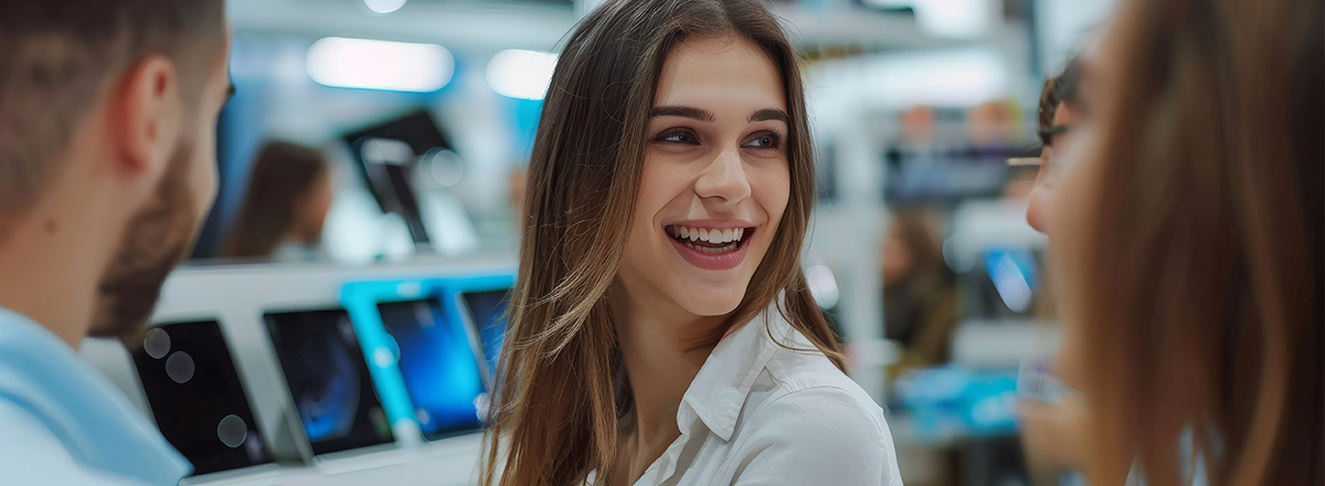 Woman talks to two people at electronic store.