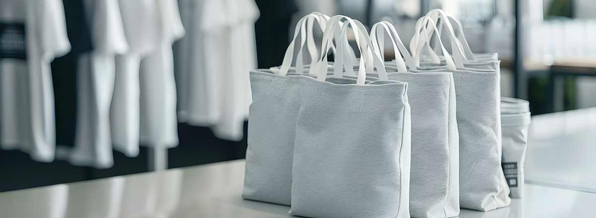 Plain white shopping bags lined up on a table.