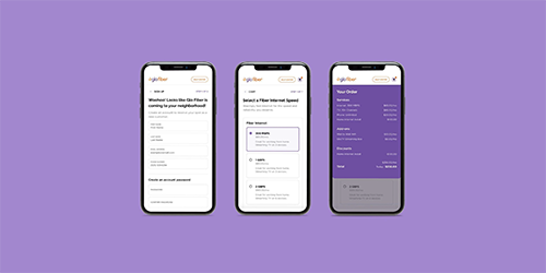 Three images of the Glo Fiber mobile app.