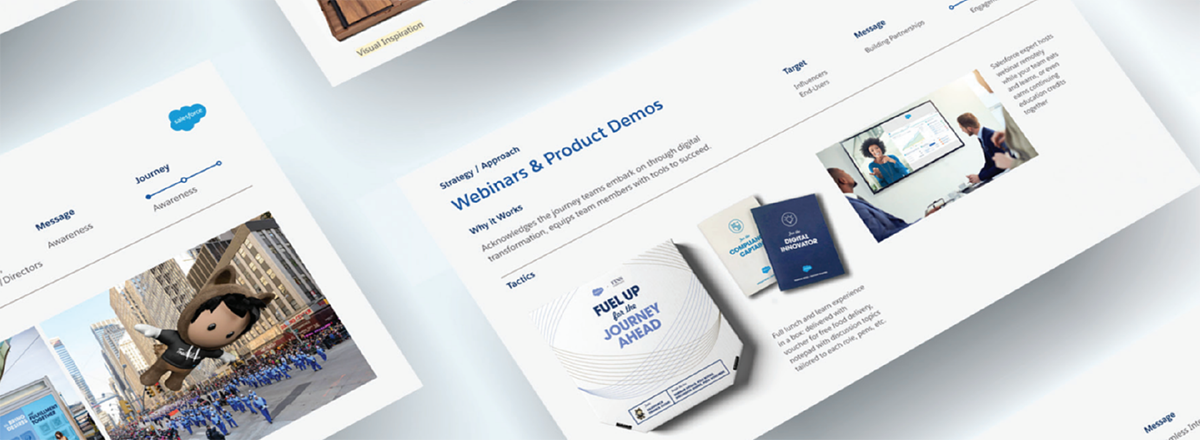 An array of Salesforce-branded assets promoting its products and services.