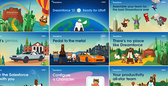 A collage of animated and static illustrations promotion Salesforce's Dreamforce 21 conference.