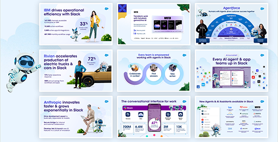 A collection of slides promoting Salesforce's AI and Slack capabilities.
