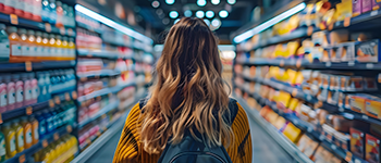 Woman walking down an aisle in a grocery store.