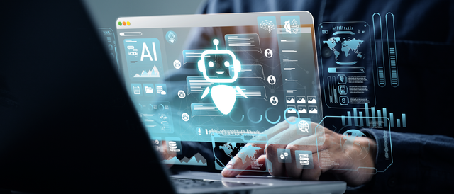 A laptop screen showing various AI components with a person scrolling behind it.