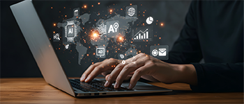 Someone's hands typing on a laptop with icons for AI hovering above the screen.