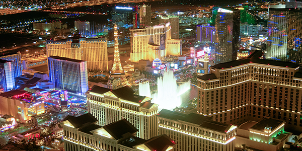 An aerial view of the Las Vegas strip at night.